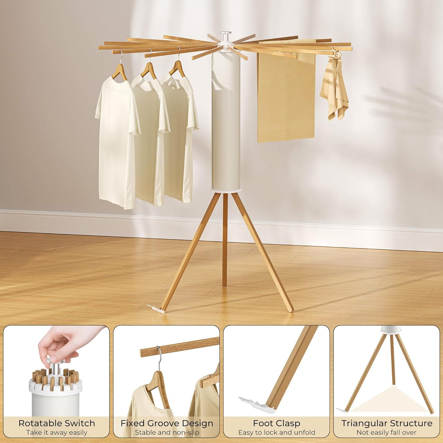 Tripod Clothes Drying Rack, Garment Rack Portable and Foldable Space Saving Laundry Drying Rack - Dryer Rack Clothing Floor Folding Balcony Bedroom Household (Beige(Wood), 16 rods) - NestledHome