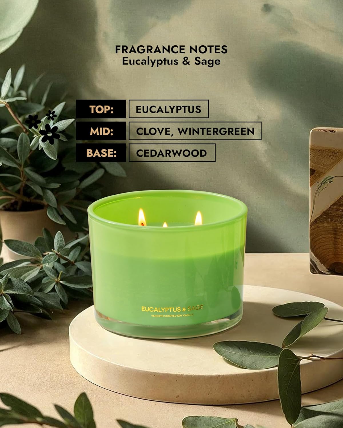 96NORTH Luxury Eucalyptus & Sage Soy Candle | Large 3 Wick Jar Candle | Up to 50 Hours Burning Time | 100% Natural Soy Wax | Housewarming Gift for Men and Women - NestledHome
