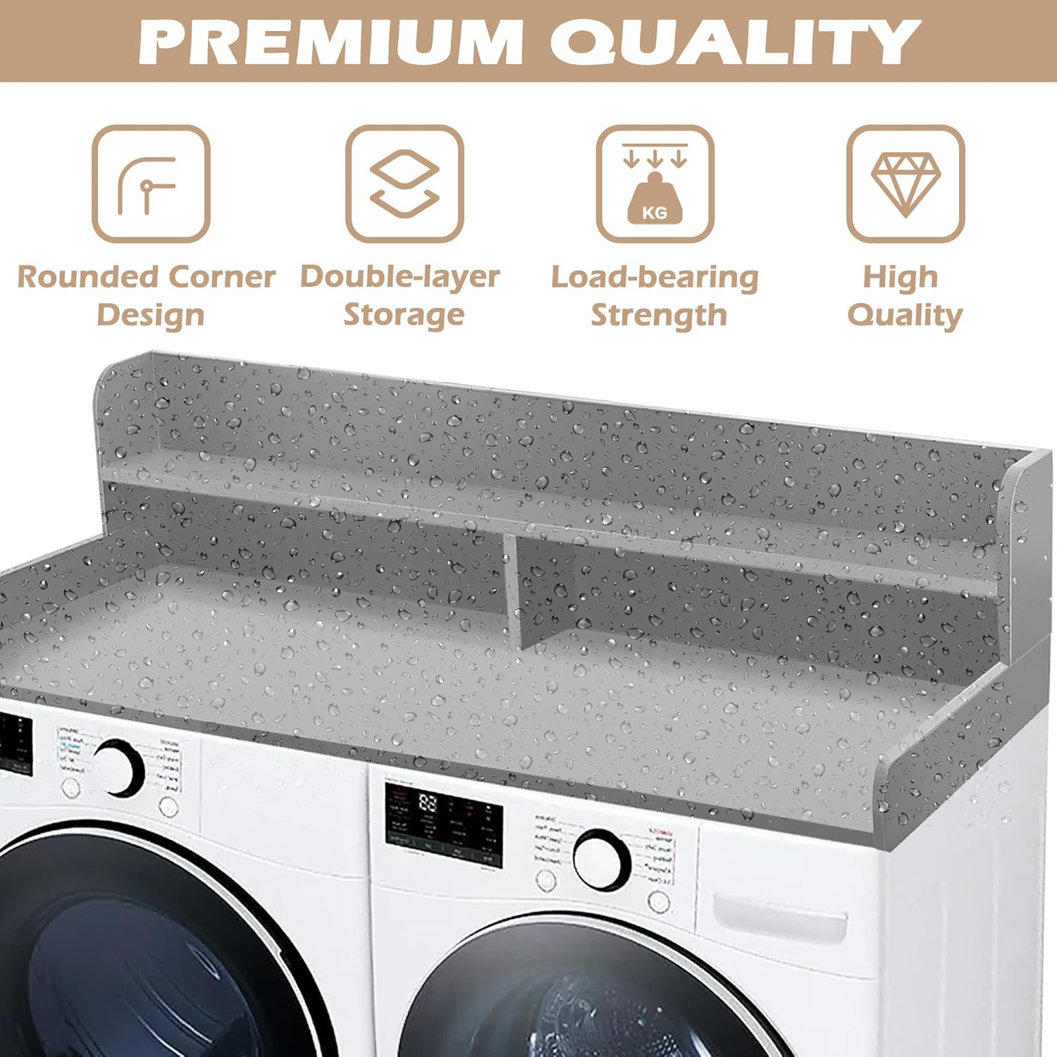 Royxen Laundry Countertop with 2-Tier Shelf Universal Fit, Washer and Dryer Countertop with Storage Space, Shelf Height 11.5 Inches, Solid Wood, Grey - NestledHome