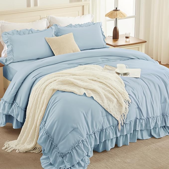 Andency Light Blue Queen Comforter Set (90x90Inch), 3 Pieces Lightweight Fluffy Ruffle Bedding Comforter Sets for Queen Bed, Farmhouse Shabby Chic Soft All Season Bed Set
