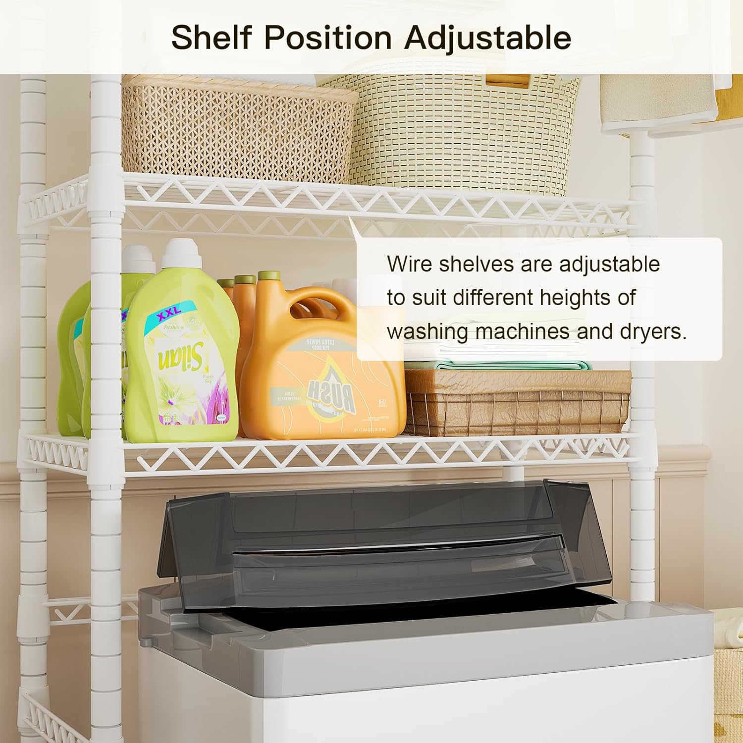 Ulif U11 Medium Over Washer and Dryer Shelves, 3 Tiers Laundry Room Storage and Organizer Standing Shelf, Metal Freestanding Clothes Drying Rack, 31.1”W x 19.7”D x 77.6”H, White - NestledHome