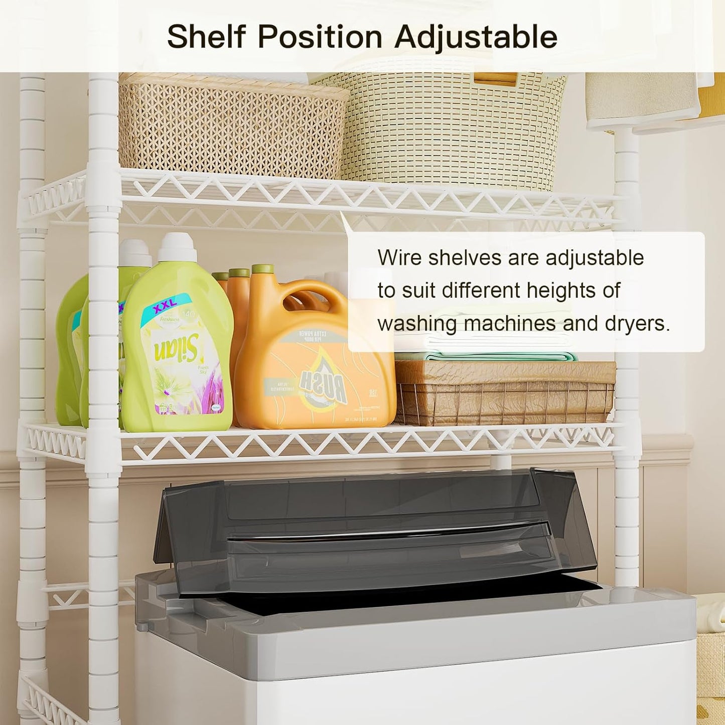 Ulif U11 Mini Over Washer and Dryer Shelves, 3 Tiers Laundry Room Storage and Organizer Standing Shelf, Metal Freestanding Clothes Drying Rack, 28.3”W x 19.7”D x 77.6”H, White - NestledHome