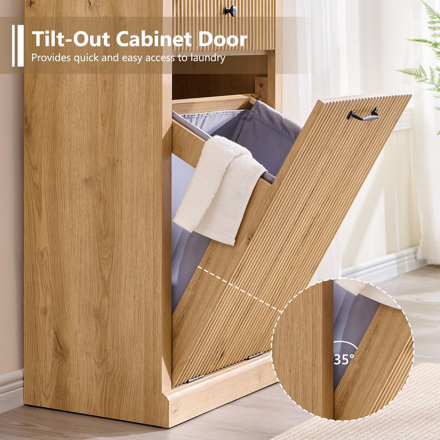 Modern Tilt-Out Trash Can Cabinet, 10 Gallon Fluted Laundry Hamper Cabinet with Drawers, Wooden Hidden Garbage Can Cabinet w/Storage Basket, Free Standing for Kitchen & Living Room,Natural Oak - NestledHome