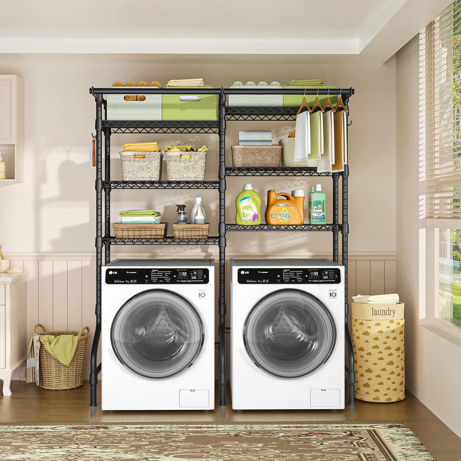 Ulif U13 Over Washer and Dryer Storage Shelves, 6 Tiers Laundry Room Standing Shelf with 2 Hanger Rods, Space Saver Clothes Drying Rack, 63.4" W x 22" D x 77.4" H, Black - NestledHome