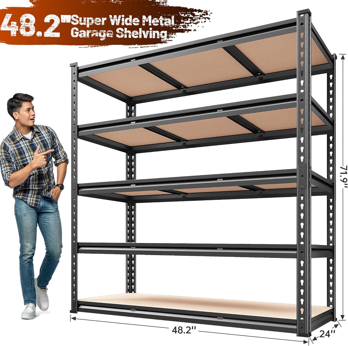 REIBII 48.2" W Garage Shelving, Storage Shelves Load 3000LBS, Adjustable Garage Shelving Heavy Duty for Pantry, Basement, Warehouse, 48.2" W X 71.9" H X 24" D, Black - NestledHome