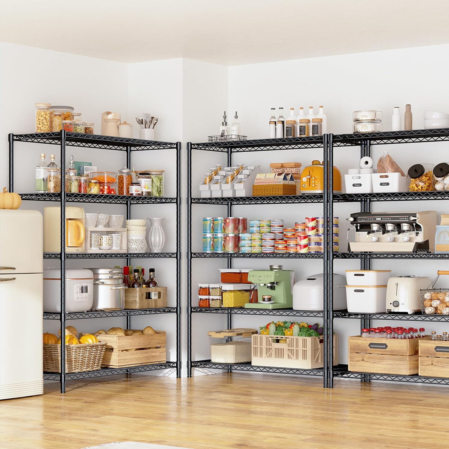 5 Tier Storage Shelves 71"H Wire Shelving Adjustable Metal Shelving,1000LBS Pantry Shelves Sturdy Steel Wire Shelf for Kitchen School Pantry Garage Warehouse ,71"H X35.5"W X13.8"D, Black,2P - NestledHome