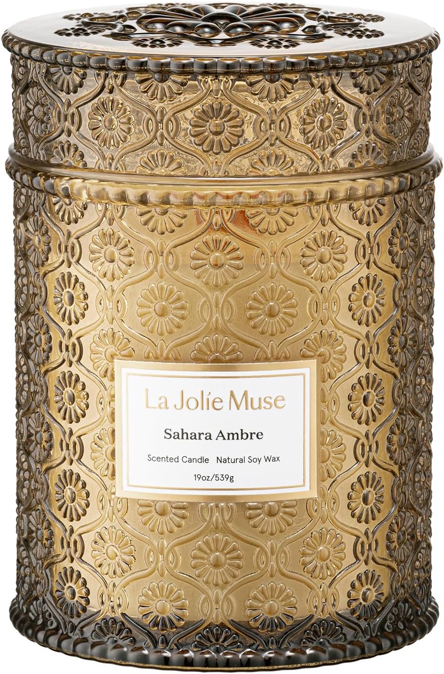 LA JOLIE MUSE Fall Candle | Sahara Amber Candle – Bergamot, Clove & Amber | 19 oz Wooden Wick | Natural Soy Wax | 90 Hours Clean Burn | Gift-Ready for Cozy Nights | Elevated Fall Décor - NestledHome