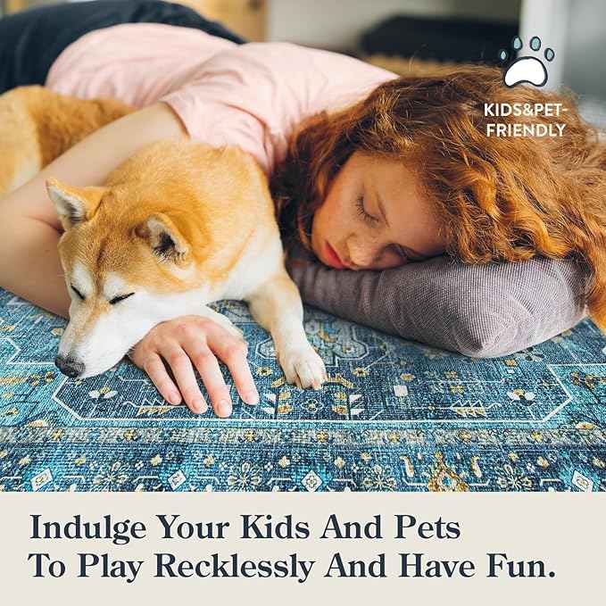 Moynesa 2x4 Teal Vintage Floral Medallion Runner Rug - Machine Washable, Non-Slip, Low Pile, Indoor Use Only