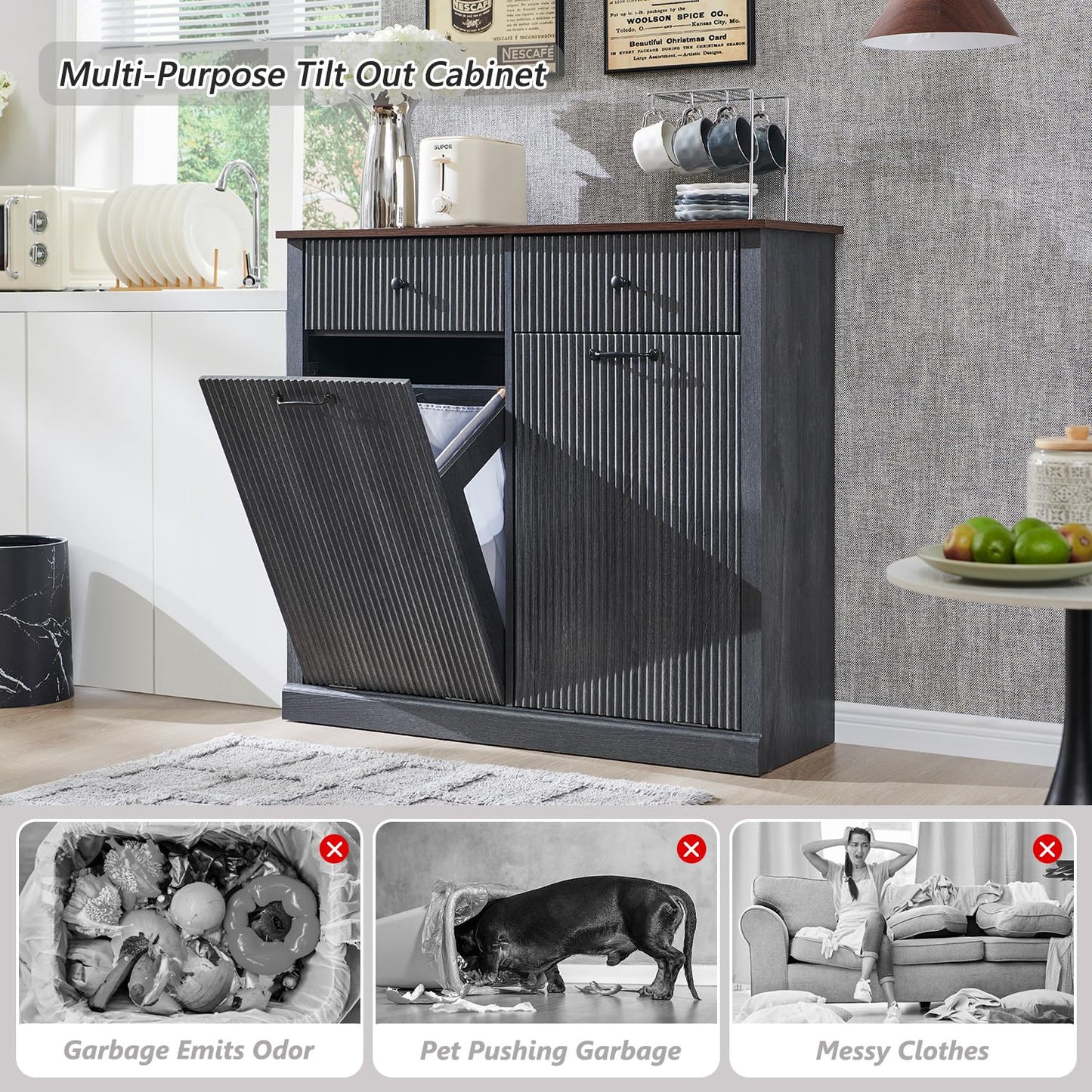 Modern Double Tilt-Out Trash Cabinet, 20 Gallon Fluted Laundry Hamper Cabinet with 2 Drawers, Wooden Hidden Garbage Can Cabinet with Storage Basket, Free Standing for Kitchen & Living Room, Grey - NestledHome