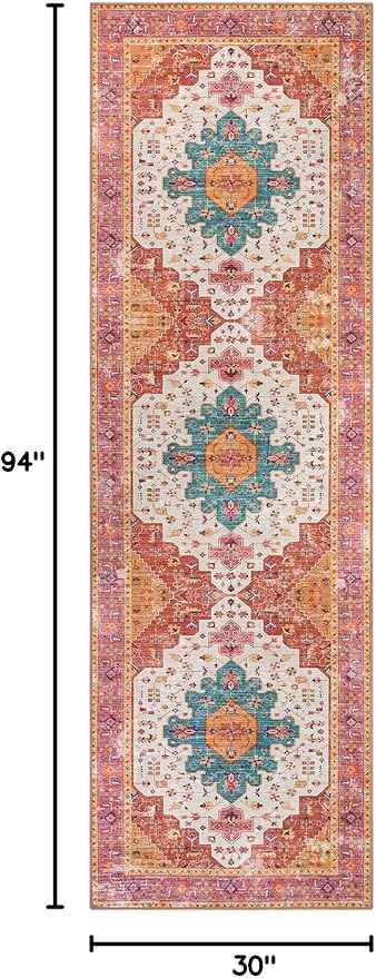 Moynesa Ultra-Thin Washable Runner Rug - 2'6"x8' Pink Runners for Hallways, Boho Non-Slip Bedroom Rug Runner, Vintage Oriental Medallion Kitchen Carpet Runner for Home Entrance Decor