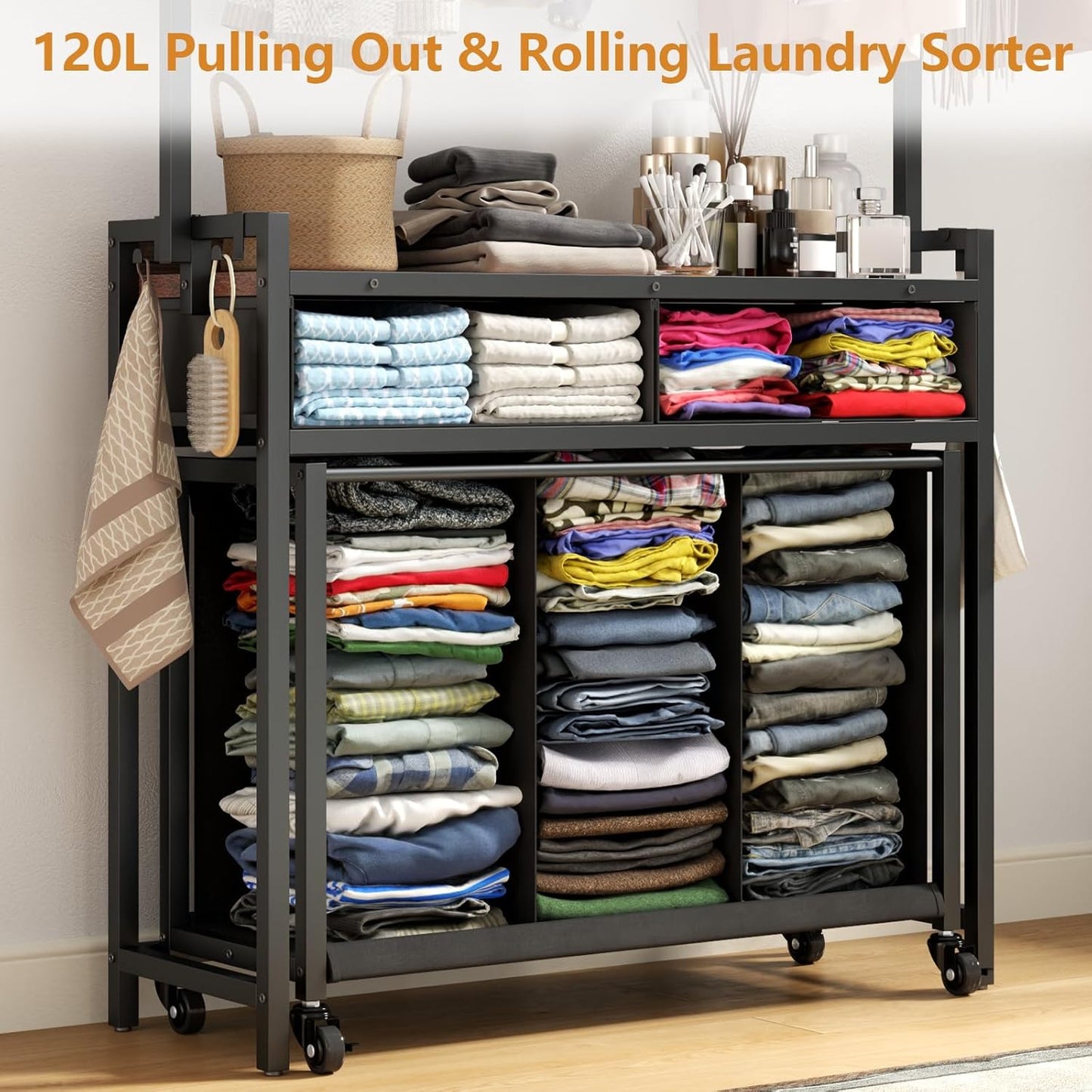Laundry Sorter Hamper with Hanging Cloth Rack, Laundry Basket with 3 Section Pull-Out Rolling Bags, Laundry Sorter for Organization and Storage with 2 Drawers for Laundry Room (Vinatge Brown) - NestledHome