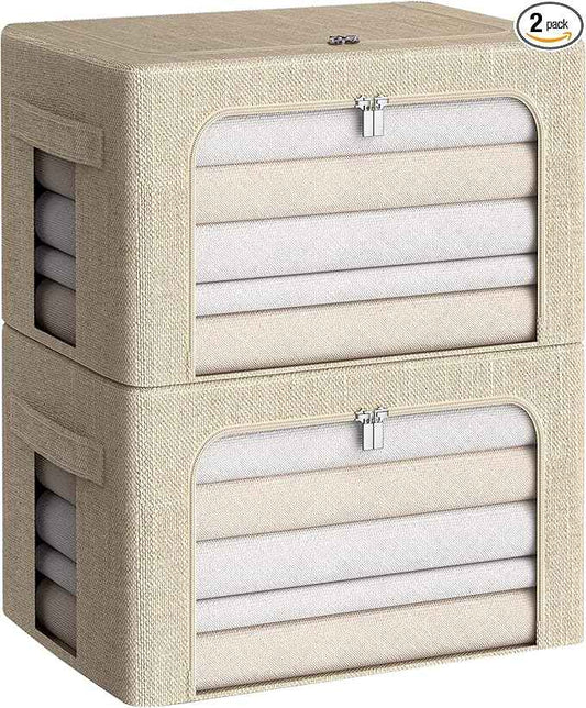 CYhom Clothes Storage Bins Box - Linen Fabric Foldable Stackable Container Organizer Set with Clear Window & Carry Handles & Metal Frame for Bedding, Blankets, Books (Beige, Medium-36L)