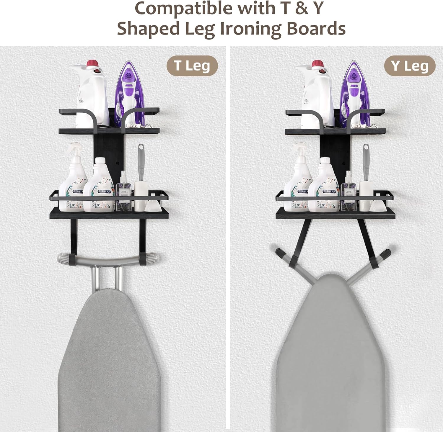 VINAEMO Ironing Board Hanger Wall Mount, 2-Layer Iron and Ironing Board Holder, Laundry Room Shelves Solid Wood with Removable Hooks Home Organization and Storage - NestledHome