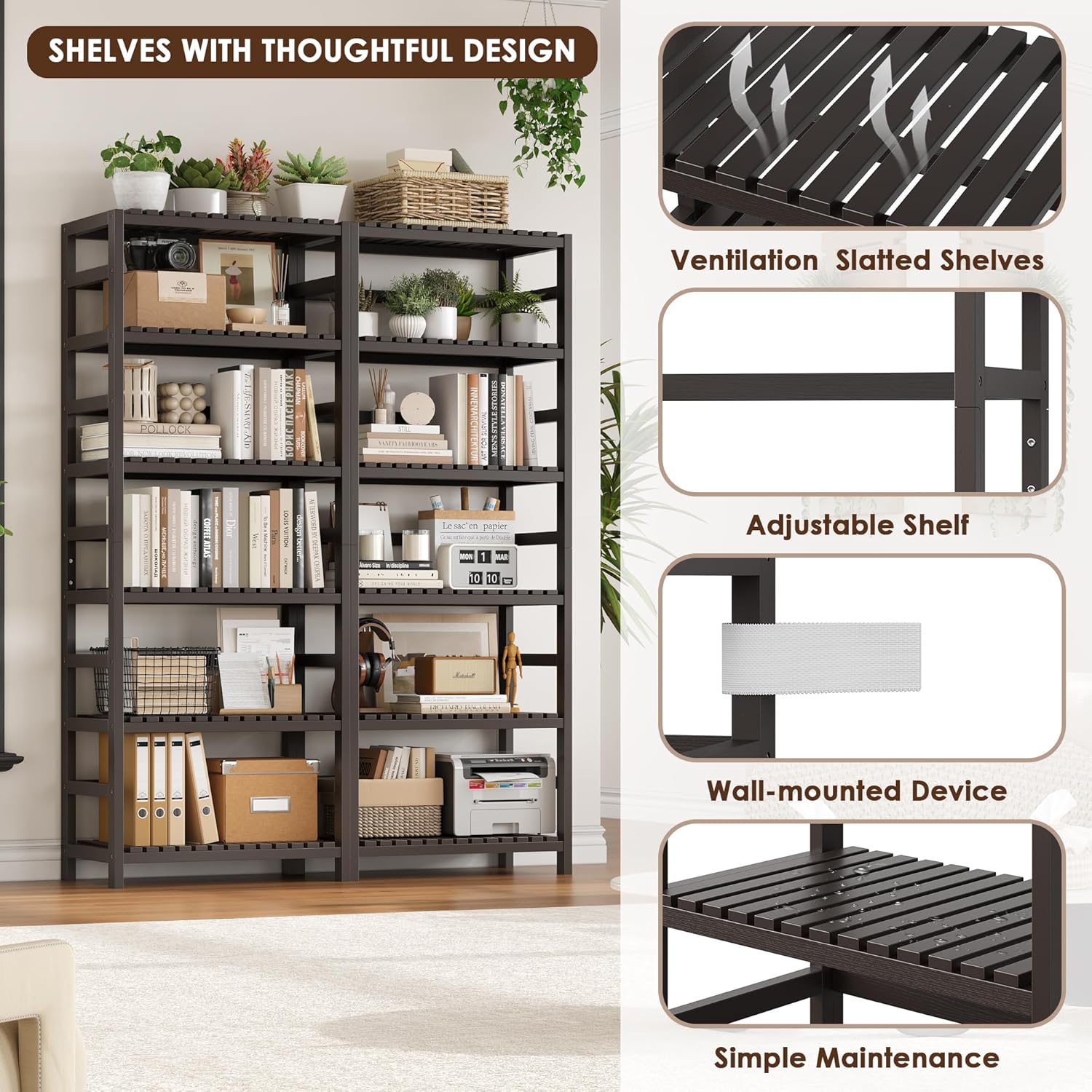 FOTOSOK 6-Tier Bamboo Shelf Set of 2, Bamboo Bookcase with Adjustable Shelves, Free Standing Storage Shelf Unit and Plant Flower Stand, Tall Large Bookshelf for Kitchen, Bathroom, Home Office, Vintage - NestledHome