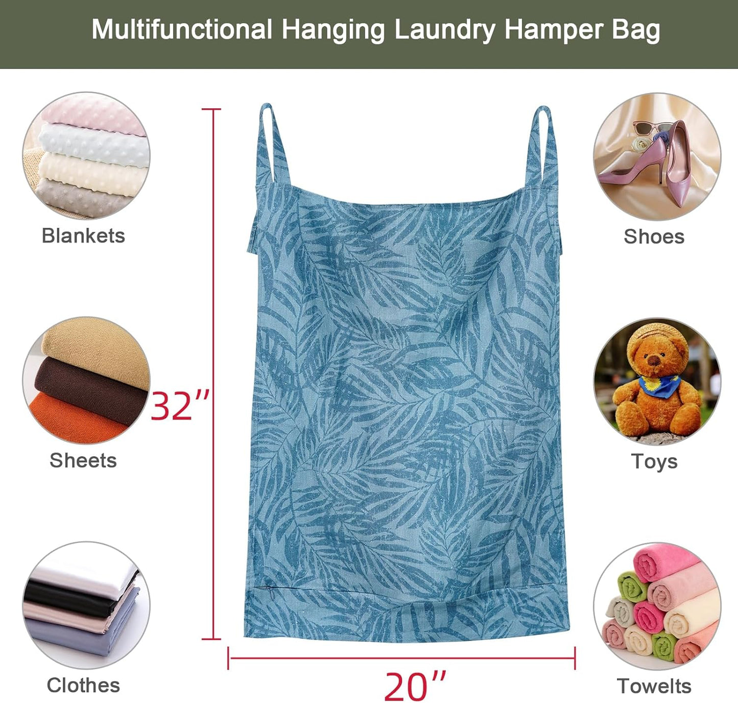 Linen Hanging Laundry Bag, 100% Linen Leaf Print Over The Door Laundry Hamper with Buttons and Zipper, Space Saving Door Hampers for Laundry Dirty Clothes Home Travel, Blue, 19.7x27.5inches - NestledHome