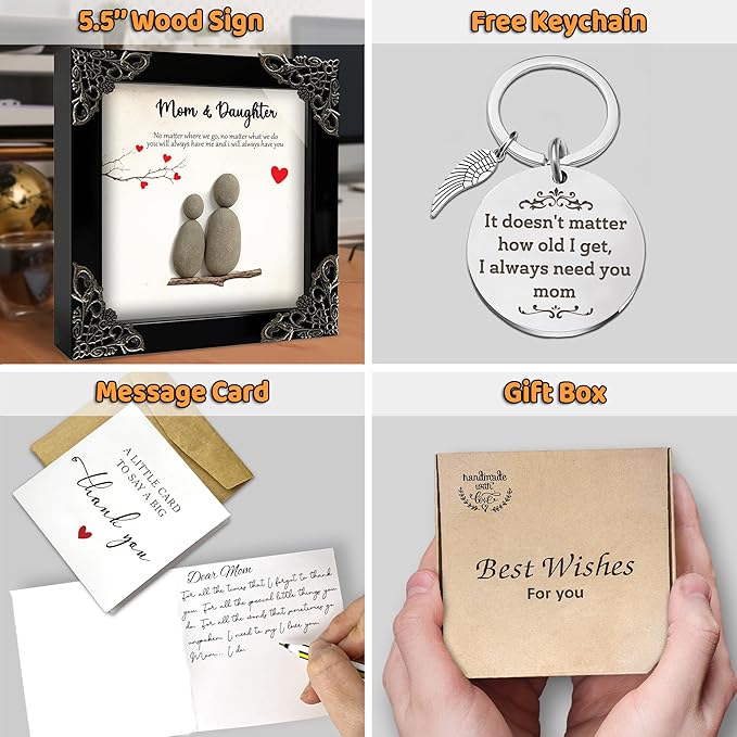 Mothers Day Mom Gifts from Daughters – 5.5" Pebble Art Frame Mothers Day Plaque, Engraved Mom Keychain, Card – Birthday Gift Set for Moms, Mother, Mama from Daughter Son, Best Mum Ever Keepsake S15-55