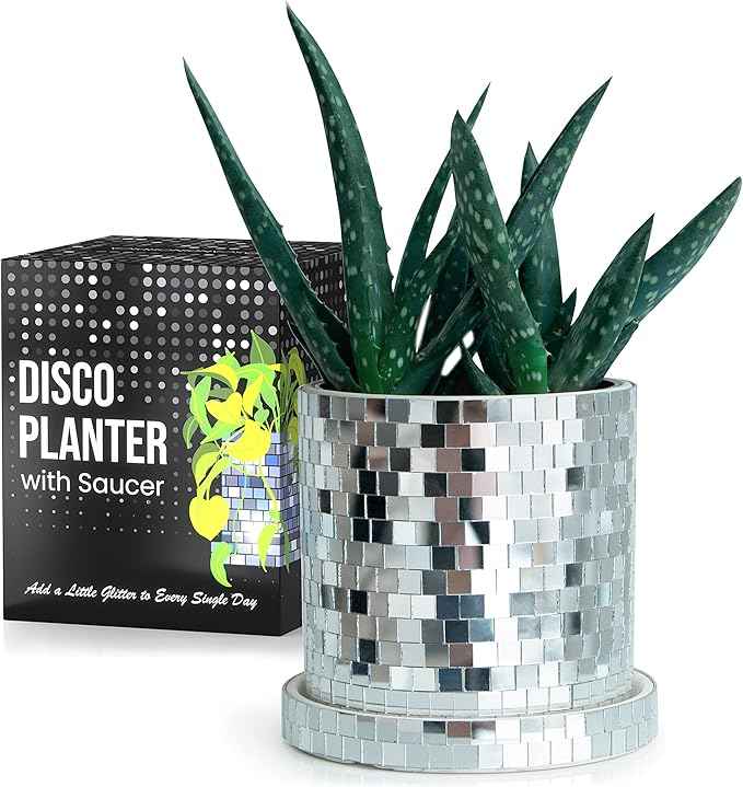 SCANDINORDICA Disco Ball Planter Pot - 4.3 inch Disco Ball Vase, Disco Planter, Ceramic Planter Pots Indoor with Drainage Hole and Saucer, Cute Eclectic Decor, Preppy Room Decor | 0.3" Mirror Tiles