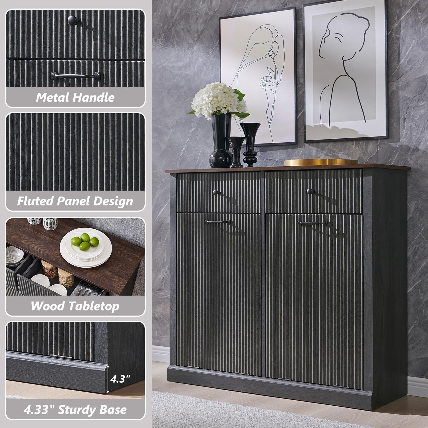 Modern Double Tilt-Out Trash Cabinet, 20 Gallon Fluted Laundry Hamper Cabinet with 2 Drawers, Wooden Hidden Garbage Can Cabinet with Storage Basket, Free Standing for Kitchen & Living Room, Grey - NestledHome