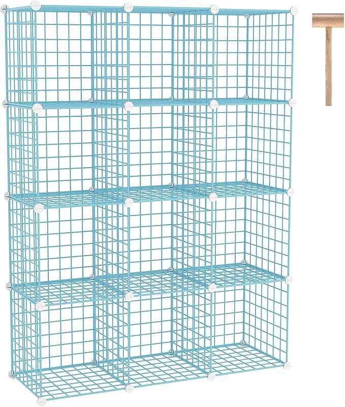 C&AHOME Wire Cube Storage, 12 - Cube Organizer Metal C Grids, Modular Shelves Units, Closet Organizer, Ideal for Home, Office, Living Room, 36.6”L x 12.4”W 48.4”H, Blue UWCS3012B