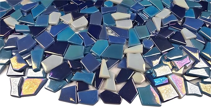 Irregular Glass Mosaic Tiles Bulk 500g Glossy and Iridescent Mosaic Glass Tiles for DIY Projects and Arts and Crafts Solid Colors and Mixes (Iridescent Dark Blue, Periwinkle & Sky Blue Mix)