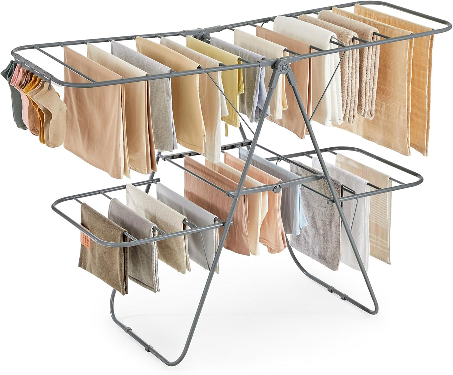 SONGMICS Clothes Drying Rack, Foldable 2-Level Laundry Drying Rack, Free-Standing Laundry Airer, with Height-Adjustable Wings, 33 Drying Rails, Sock Clips, Gray ULLR053G02V1 - NestledHome