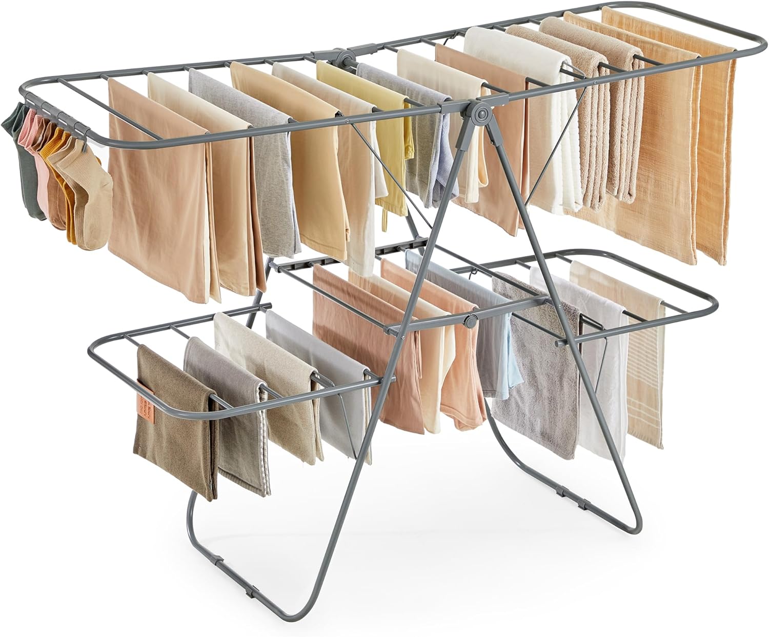 SONGMICS Clothes Drying Rack, Foldable 2-Level Laundry Drying Rack, Free-Standing Laundry Airer, with Height-Adjustable Wings, 33 Drying Rails, Sock Clips, Gray ULLR053G02V1 - NestledHome