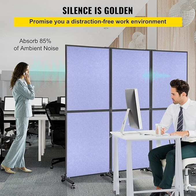 VEVOR Sound Barrier Quiet Wall 72" x 66",Partition Room Dividers 3 Panels, Portable Office Walls Dividers, Classroom Dividers, Acoustic Room Divider (Steel Blue) for Office, Library, School, etc