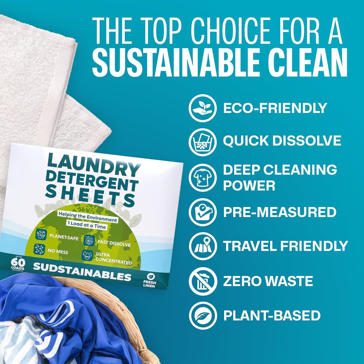 Sudstainables Laundry Detergent Sheets (60 Loads) – Eco-Friendly, Zero Waste, Plastic-Free Laundry Washing Machines Soap Sheets; Dissolvable, Space-Saving Strips for Travel (Fresh Linen) - NestledHome