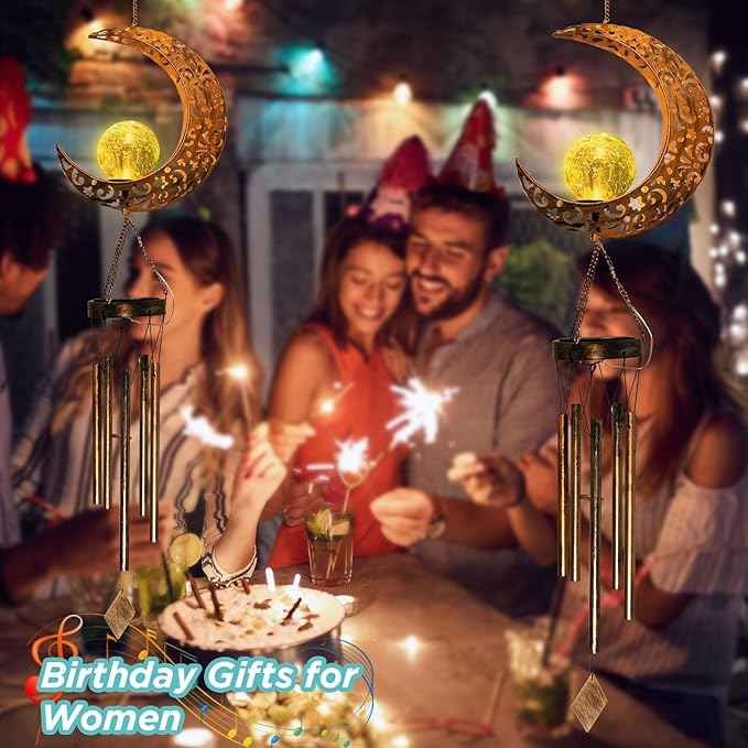 Solar Moon Wind Chimes for Outside Unique Birthday Gifts for Women Mom Grandma Crackle Glass Ball LED Wind Chimes Solar Lights Outdoor Decor Decorative Light for Garden Patio Yard Porch