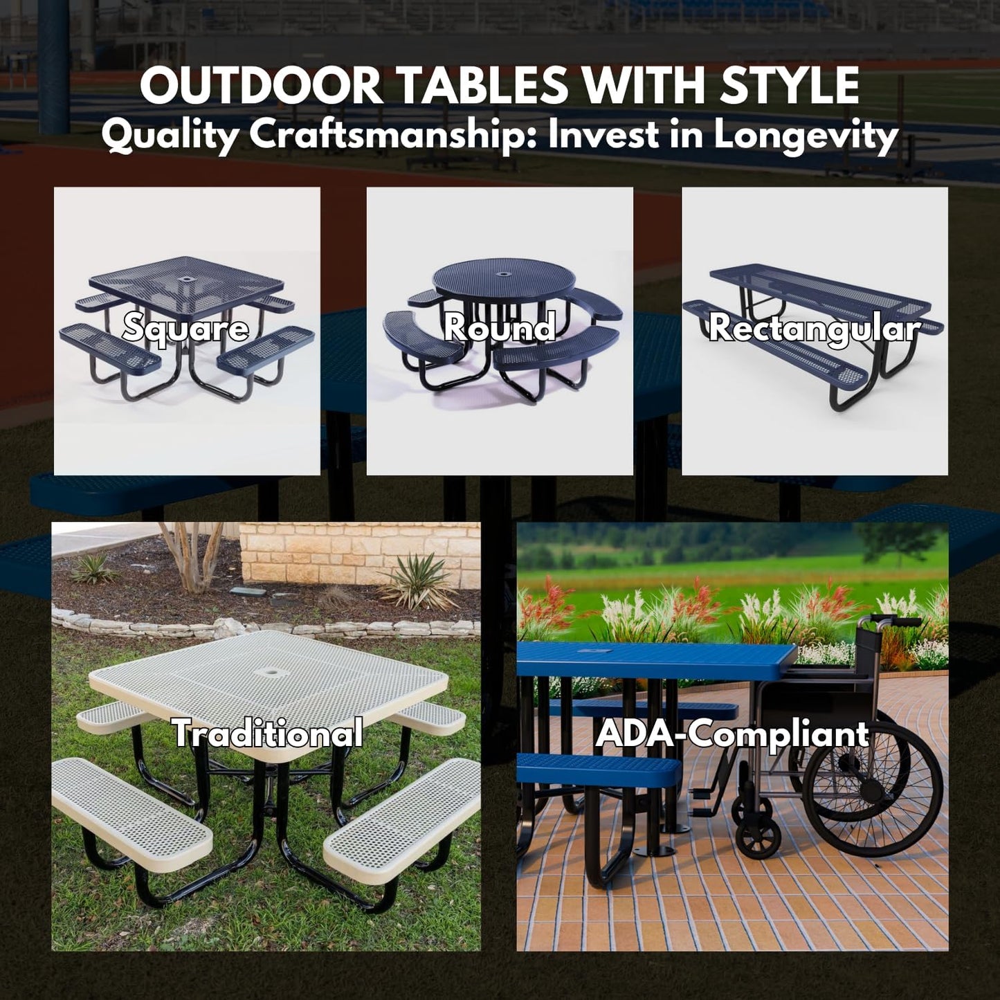 Heavy-Duty Portable Outdoor Picnic Table with Umbrella Hole, Punched Steel Patio Dining Furniture Made in America (46" Round Top, Burgundy)