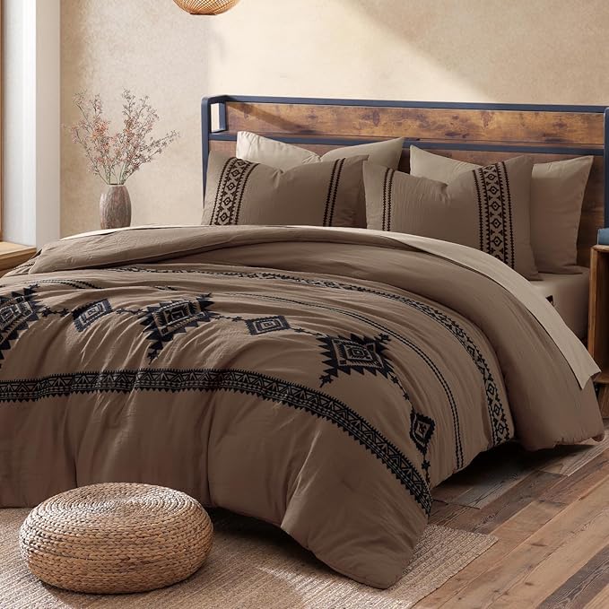 MaiRêve Embroidery Comforter Set, Boho Farmhouse Western Bedding Set, All Season Bed in A Bag Comforter Set with Sheets, Pillowcases & Shams, Brown Queen 7 Pieces