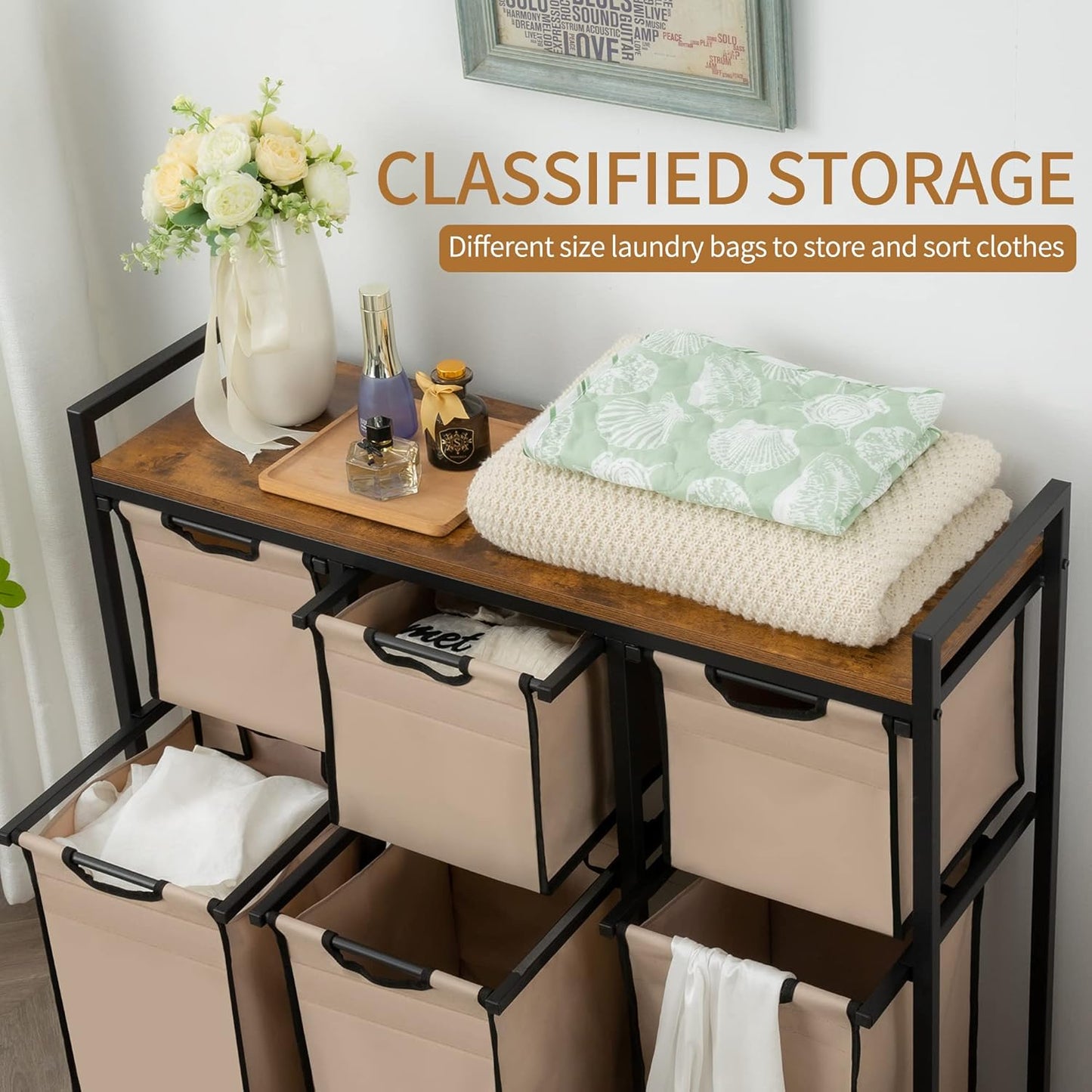 Laundry Basket Organizer, Hampers for Laundry 6 Compartments, Laundry Hamper with 6 Sliding Laundry Sorter Bags, Top Storage Shelf, and Metal Frame (6 Compartments) - NestledHome