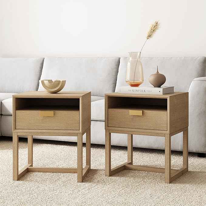 Nathan James Harper Modern Nightstand Side Accent or End Table with Storage Drawer, Set of 2, Light Brown