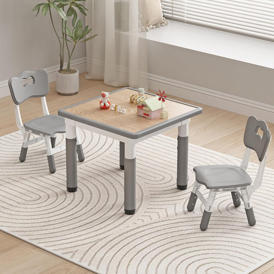 Kids Table and Chairs, Height Adjustable Childrens Table and Chair Set, Kids Tables for Age 2-8, Graffiti Desktop, Table for Kids with 2 Seats, Small Kids Table, Max 300lbs, Grey - NestledHome
