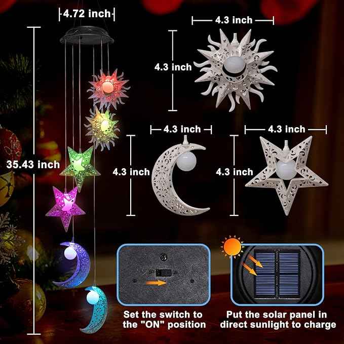 Tryme Solar Wind Chimes with Sun Moon Star Color Changing Windchimes, Outdoor Hanging Lights, Garden Decor Gifts for Mom, Grandma, Wife, Neighbors