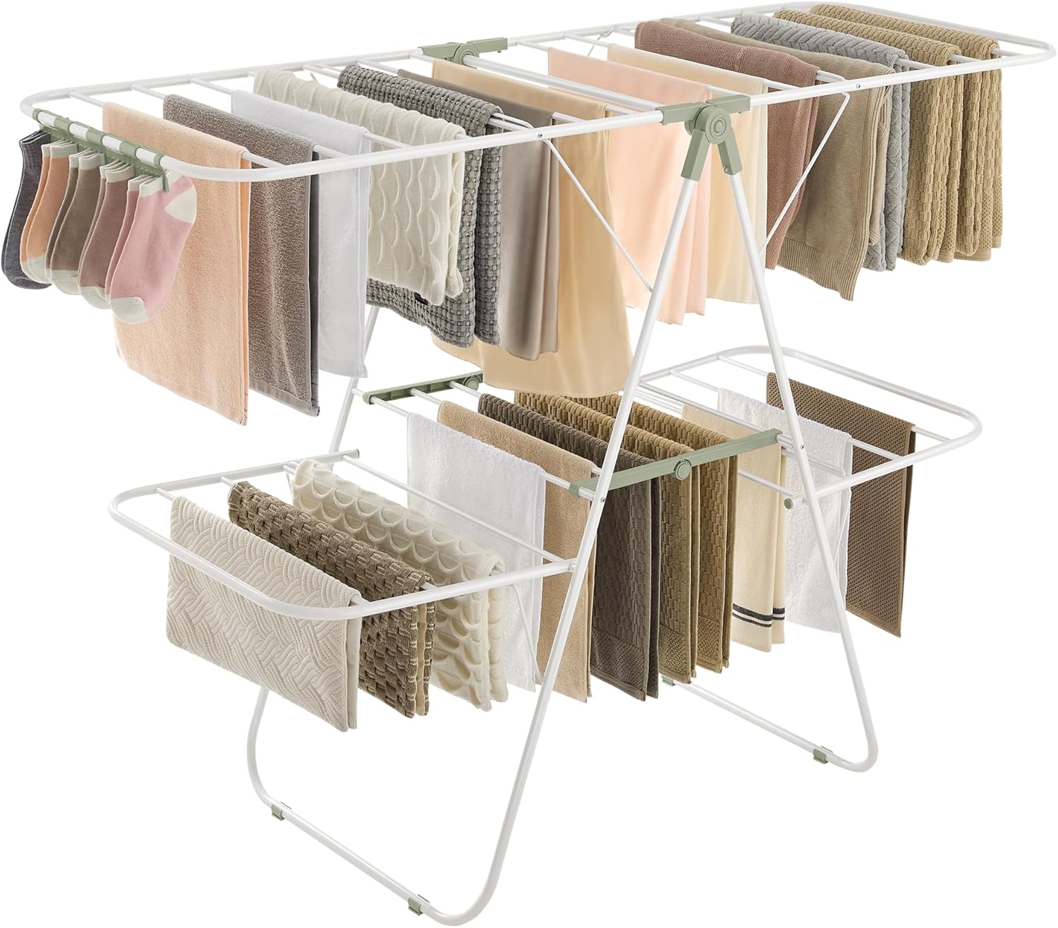 SONGMICS Clothes Drying Rack, Foldable 2-Level Laundry Drying Rack, Free-Standing Laundry Airer, with Height-Adjustable Wings, 33 Drying Rails, Sock Clips, White and Green ULLR053C01V1 - NestledHome