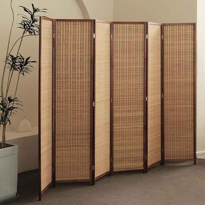 6 Panel Bamboo Room Divider – 5.6 ft Tall Folding Privacy Screen, Natural Brown Freestanding Partition Wall for Room Separation (67 x 92.1 inches)