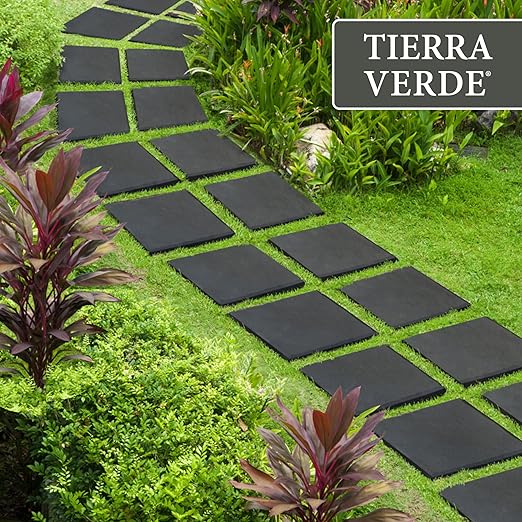 TierraVerde 10-Pack 12”x12” Fake Stomp Rubber Stepping Stones, Square, Black – Reversible Non-Slip Outdoor Faux Decorative Set for Landscaping – DIY Decor for Walkways & Yard Pathways