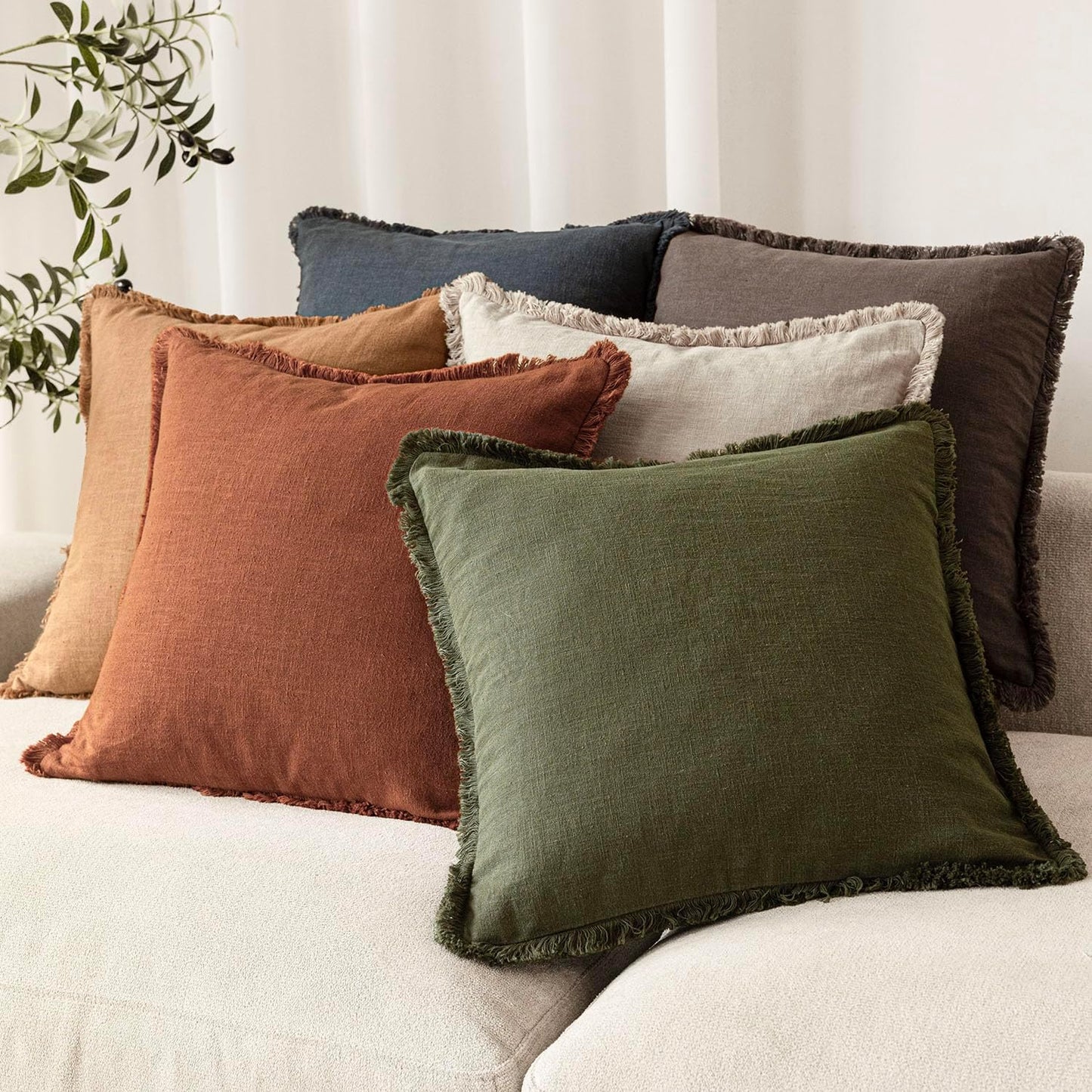 Foindtower Set of 2 Decorative Linen Fringe Throw Pillow Covers Boho Farmhouse Cushion Cover with Tassels Soft Accent Pillowcase for Couch Sofa Bed Living Room Home Decor,22×22 Inch,Orange Brown