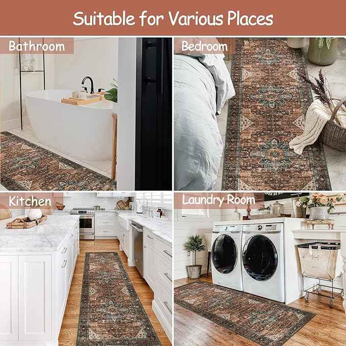 Moynesa Ultra-Thin Washable Runner Rug - 2x7 Kitchen Runner Stain Resistant Hallway Mat, Non-Slip Non-Shedding Bathroom Laundry Carpet Runner for Front Door Bedside Camper, Brick Red/Dull Teal