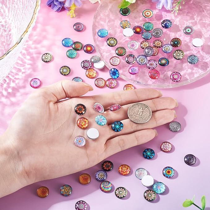 Craftora 100Pcs Flower Printed Glass Cabochons for Jewelry Making, Mixed Color Half Round Cameo Dome Tiles Kaleidoscope Picture Flatback Dome Cabochons for Photo Cameo Pendant Scrapbooking DIY Crafts