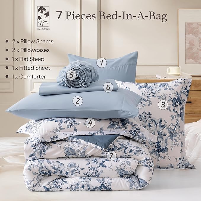 Oversized King Comforter Set -7 Pieces Floral Rain Washed Bedding Set for All Seasons, Bed in a Bag with Botanical Flowers Comforter, Sheets, Pillowcases & Shams