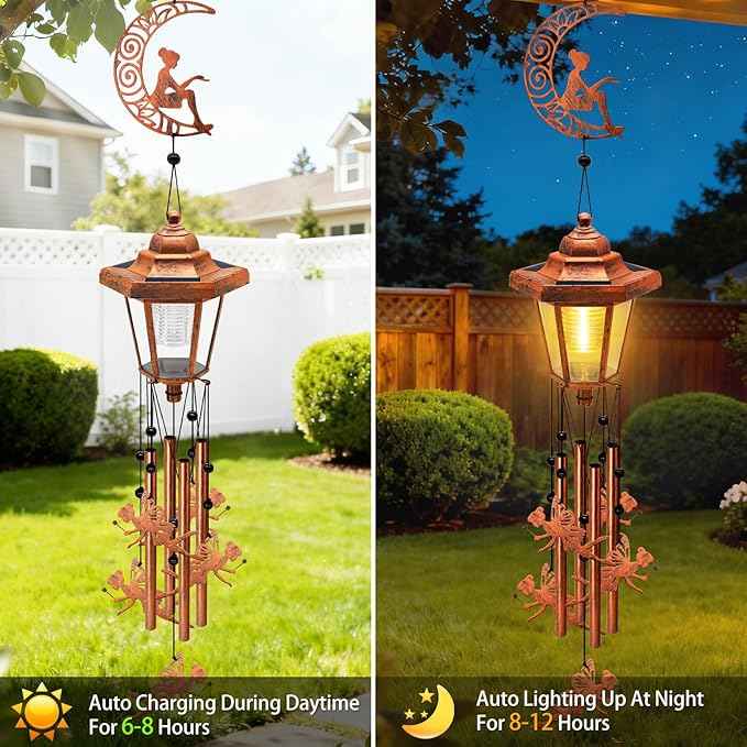 Large Solar Moon Fairy Wind Chimes, Gifts for Women Mom Grandma Wife Sister Daughter Neighbor, Classic Bronze Wind Chimes with Wind Catcher, Solar Decor Lights for Outdoor Garden Patio Porch Window