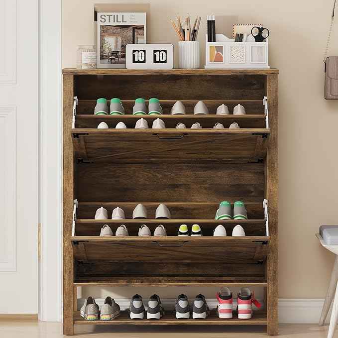 Vabches Shoe Storage Cabinet, Farmhouse Freestanding Organizer with 2 Flip Drawers, Wooden Hidden Narrow Slim Shoe Rack Cabinet for Entryway, Hallway, Foyer, Brown