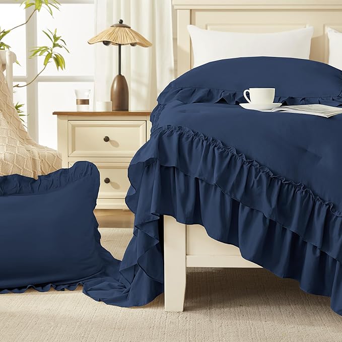 Andency Navy Blue Full Size Comforter Set (79x90Inch), 3 Pieces Farmhouse Shabby Chic Ruffle Bedding Comforter Sets, All Season Soft Lightweight Microfiber Bed Set