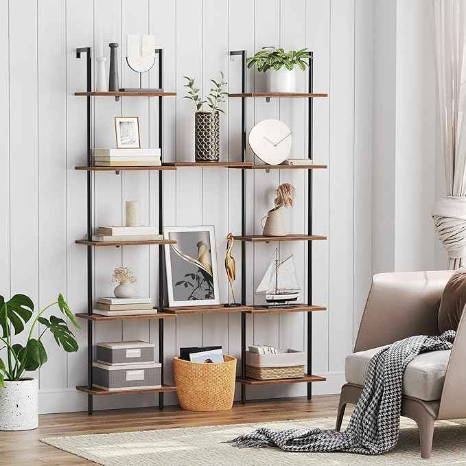 HOOBRO DIY Ladder Shelf, 6-Tier Wooden Wall Mounted Bookshelf, Narrow Bookcase, Display Shelf, Storage Rack, Plant Stand, for Living Room, Bedroom, Study, Balcony, Rustic Brown and Black BF651CJ01