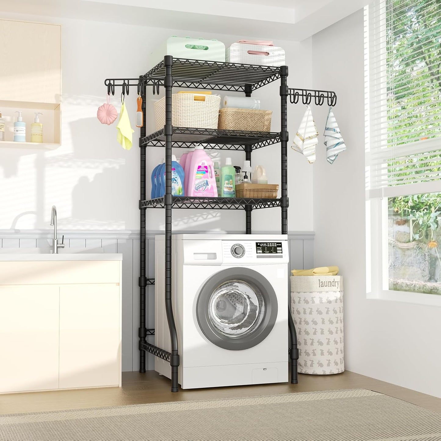 Ulif U8 Mini Laundry Room Storage Organizer, Over the Washer and Dryer Storage Shelves for Laundry Organization, 29.5”W x 17.3”D x 76.2”H, Suit Washing Machine Width within 27.1”, Hold 304 lb, Black - NestledHome