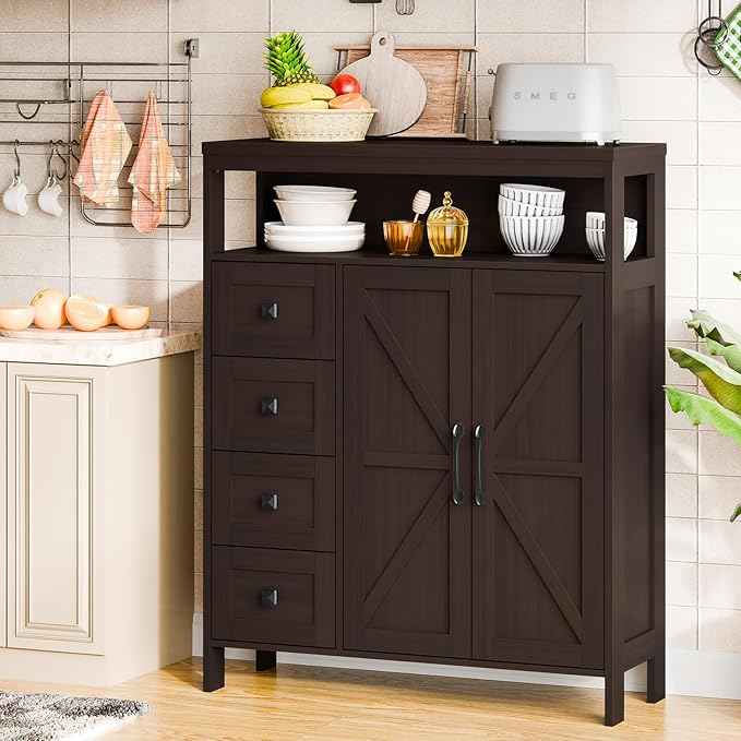 Vabches Farmhouse Storage Cabinet with 2 Doors and 4 Drawers, Freestanding Bathroom Compartment Kitchen Pantry Cabinet, Floor Cupboard for Kitchen/Living Room/Bathroom, Espresso