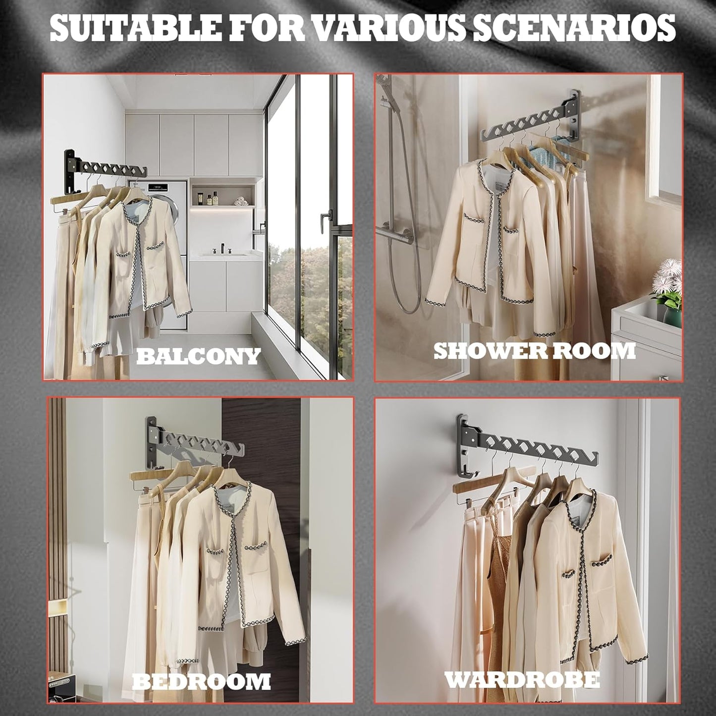 Dr.DJ Wall Mount Coat Hanger Holder Black Clothes Drying Organizer Rack Garment Hooks Aluminium Retractable Folding Indoor Wall Mounted Hanger for Laundry Room Bedroom Black 2Pack with 80cm Rod - NestledHome