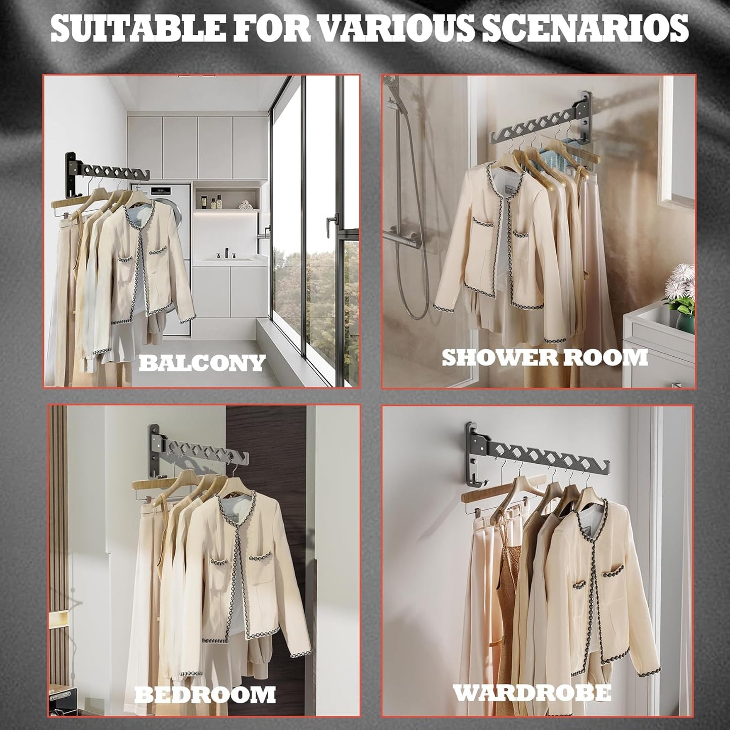Dr.DJ Wall Mount Coat Hanger Holder Black Clothes Drying Organizer Rack Garment Hooks Aluminium Retractable Folding Indoor Wall Mounted Hanger Space Saver for Laundry Room Bedroom Black 2Pack - NestledHome